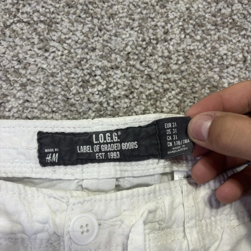H&M L.O.G.G. Pants Womens 31 White Linen Blend Chino Drawstring Hem Summer